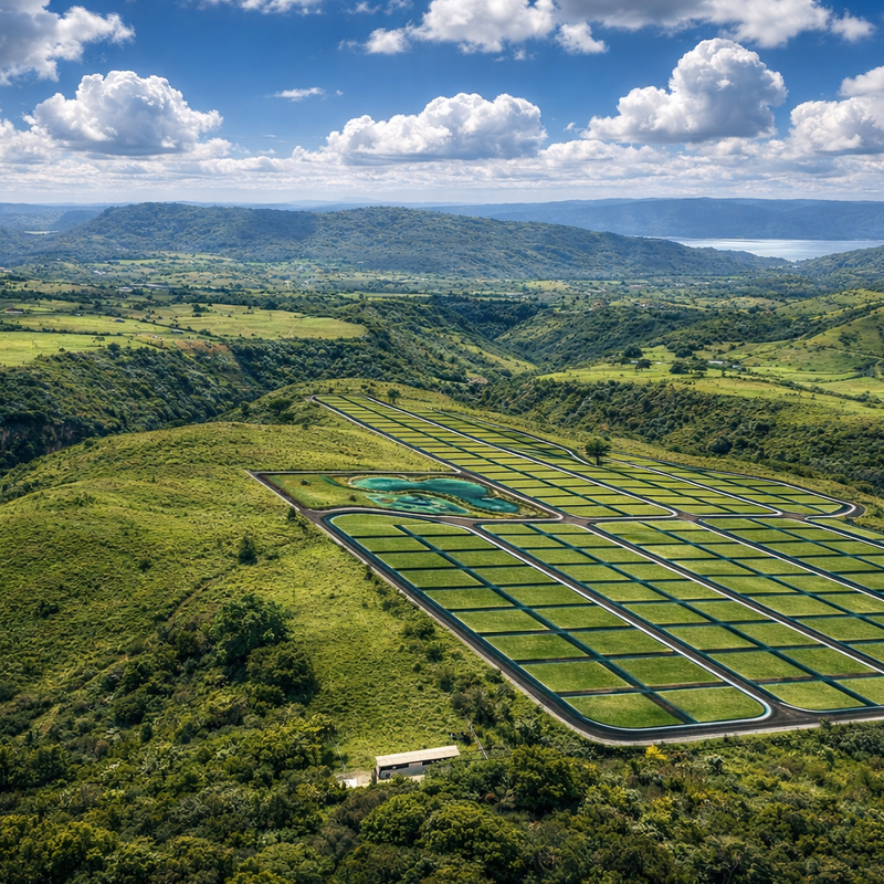 Vista aérea del proyecto rodeado de naturaleza, con vistas privilegiadas y gran potencial de valorización.